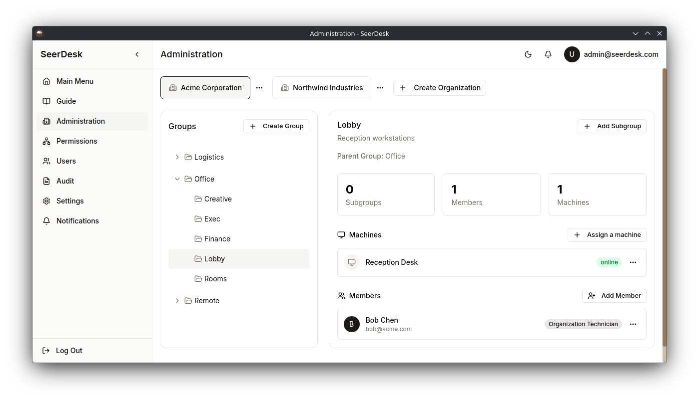 SeerDesk administration panel with group and role management
