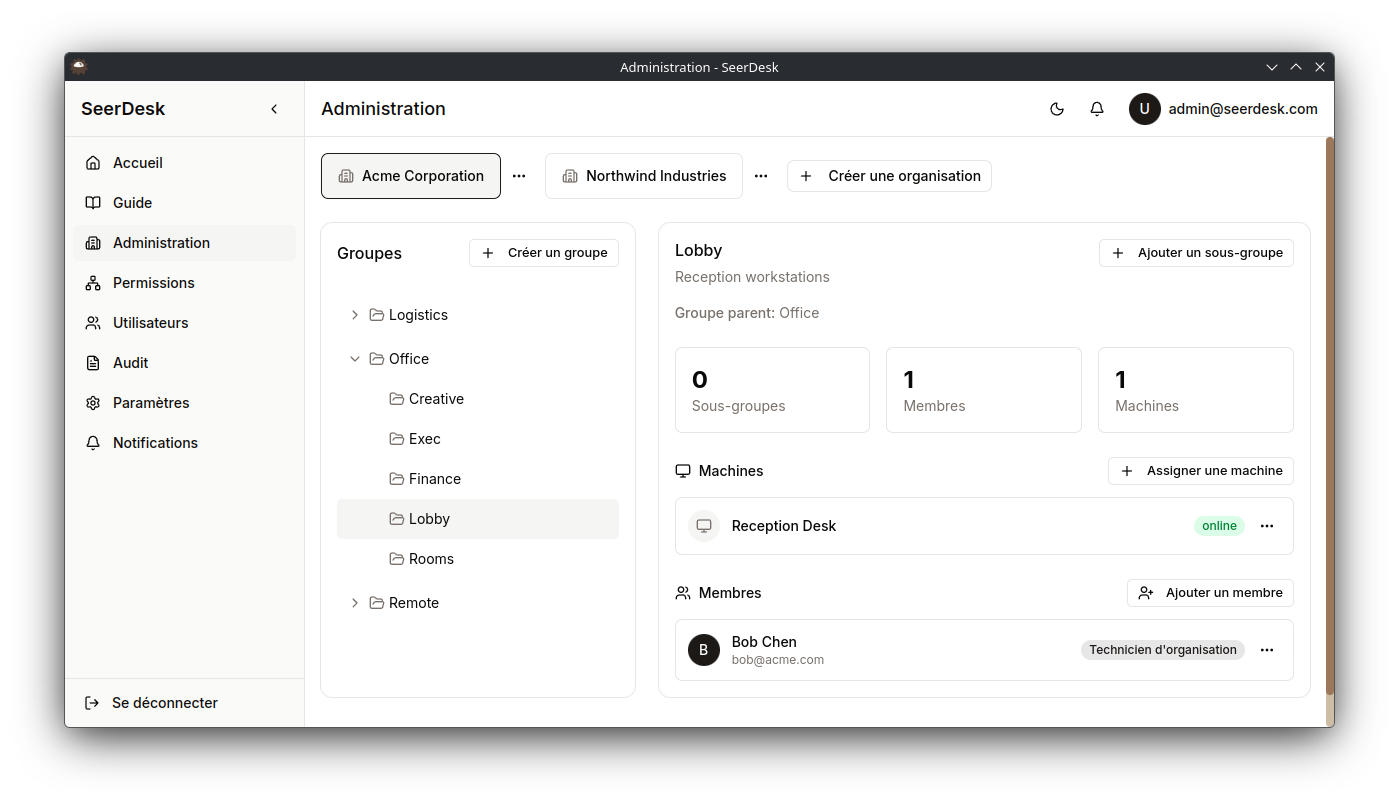 Panneau d'administration SeerDesk avec gestion des groupes et rôles