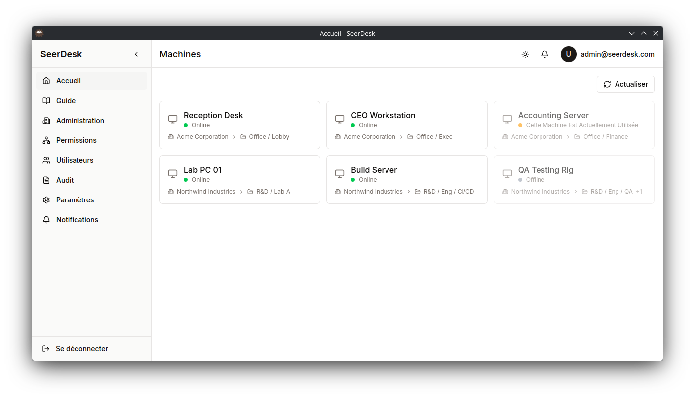Liste des machines SeerDesk montrant les bureaux distants disponibles